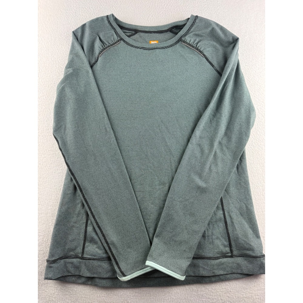 Lucy Tech Womens Large Teal Grey Striped Long Sleeve Activewear Top Thumbholes